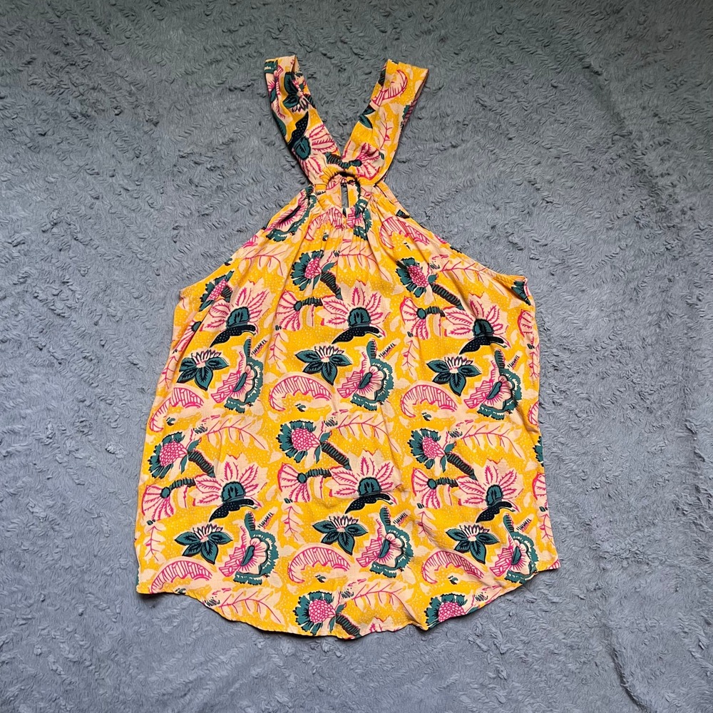 Maeve by Anthropologie Yellow Floral Halter Top Sleeveless Keyhole Blouse Size 2